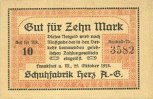 GERMANY - EMERGENCY NOTES (1914-1923) A - J 10 mark Frankfurt am Main. Schuhfabrik Herz a. G.. Billet. -