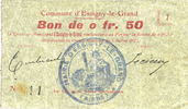 FRENCH EMERGENCY NOTES 0,50 franc Essigny-le-Grand (02). Commune. Billet. 5.7.1915, série 7. N° 11 ! -
