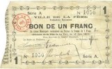 FRENCH EMERGENCY NOTES 1 franc La Fère (02). Ville. Billet. 16.6.1915, série A -