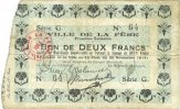 FRENCH EMERGENCY NOTES 2 francs La Fère (02). Ville. Billet. 30.11.1914, série G -