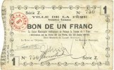 FRENCH EMERGENCY NOTES 1 franc La Fère (02). Ville. Billet. 16.6.1915, série Z -