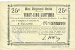 FRENCH EMERGENCY NOTES 25 centimes Fieulaine (02). Billet. B.R.U. -