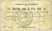FRENCH EMERGENCY NOTES 50 centimes Folembray (02). Commune. Billet. -