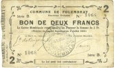 FRENCH EMERGENCY NOTES 2 francs Folembray (02). Commune. Billet. 4.7.1915, série B -