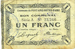 FRENCH EMERGENCY NOTES 1 franc Fontaine-Notre-Dame (59). Commune. Billet. série A -