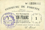 FRENCH EMERGENCY NOTES 1 franc Foreste (02). Commune. Billet. -