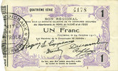 FRENCH EMERGENCY NOTES 1 franc Fourmies (59). Bon Régional des Départ. du Nord, Aisne & Oise. Billet. 24.10.1915, 4e série -