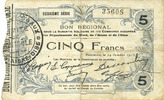 FRENCH EMERGENCY NOTES 5 francs Fourmies (59). Bon Régional des Départ. du Nord, Aisne & Oise. Billet. 24.10.1915, 2e série -