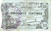 FRENCH EMERGENCY NOTES Fourmies (59). Bon Régional des Départ. du Nord, Aisne & Oise. Billet. 50 cmes 8.5.1915, série 10 -