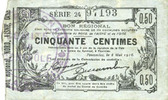 FRENCH EMERGENCY NOTES Fourmies (59). Bon Régional des Départ. du Nord, Aisne & Oise. Billet. 50 cmes 8.5.1915, série 24 -