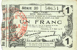 FRENCH EMERGENCY NOTES 1 franc Fourmies (59). Bon Régional des Départ. du Nord, Aisne & Oise. Billet. 8.5.1915, série 20 -