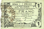 FRENCH EMERGENCY NOTES 1 franc Fourmies (59). Bon Régional des Départ. du Nord, Aisne & Oise. Billet. 18.6.1917, série 1 -