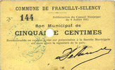 FRENCH EMERGENCY NOTES Francilly-Selency (02). Commune. Billet. 50 cmes 8.7.1915, annulation par perforation -