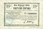FRENCH EMERGENCY NOTES Francilly-Selency (02). Commune. Billet. B.R.U., 25 cmes -