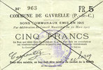 FRENCH EMERGENCY NOTES 5 francs Gavrelle (62). Commune. Billet. -