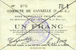 FRENCH EMERGENCY NOTES 1 franc Gavrelle (62). Commune. Billet. -