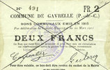 FRENCH EMERGENCY NOTES 2 francs Gavrelle (62). Commune. Billet. -