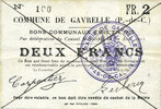 FRENCH EMERGENCY NOTES 2 francs Gavrelle (62). Commune. Billet. -