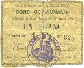 FRENCH EMERGENCY NOTES 1 franc Goeulzin (59). Commune. Billet. du 31.1.1915, 7e série M -