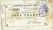 FRENCH EMERGENCY NOTES 2 francs Gouy (02). Commune. Billet. -