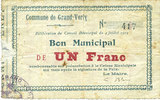 FRENCH EMERGENCY NOTES 1 franc Grand-Verly (02). Commune. Billet. -