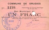 FRENCH EMERGENCY NOTES 1 franc Grugies (02). Commune. Billet. 27.6.1915, annulation par perforation -