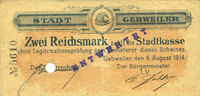 FRENCH EMERGENCY NOTES 2 mark Guebwiller (68). Billet. 6.8.1914, annulation par perforation et cachet ENTWERTET -