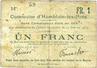 FRENCH EMERGENCY NOTES 1 franc Hamblain-les-Prés (62). Commune. Billet. émis en 1914, cachet au dos -