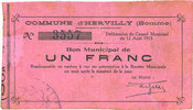 FRENCH EMERGENCY NOTES 1 franc Hervilly (80). Commune. Billet. -
