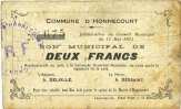 FRENCH EMERGENCY NOTES 2 francs Honnecourt (59). Commune. Billet. -
