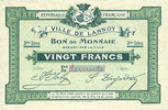 FRENCH EMERGENCY NOTES 20 francs Lannoy (59). Ville. Billet. 3e série, essai, sans numérotation. Annulation manuscrite -