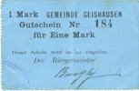 FRENCH EMERGENCY NOTES 1 mark Geishouse (Geishausen) (68). Commune. Billet. Cachet allemand de la commune -