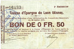 FRENCH EMERGENCY NOTES 0,5 franc Laon (02). Caisse d'Epargne. Billet. 30.7.1915, 2e émission -