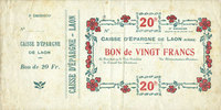 FRENCH EMERGENCY NOTES 20 francs Laon (02). Caisse d'Epargne. Billet. 30.7.1915, 2e émission -