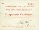 FRENCH EMERGENCY NOTES 50 centimes Lécluse (59). Commune. Billet. 1914, sans numérotation, sans cachets -