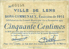 FRENCH EMERGENCY NOTES 50 centimes Lens (62). Ville. Billet. -