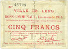 FRENCH EMERGENCY NOTES 5 francs Lens (62). Ville. Billet. 14.11.1914, Cachet noir de la commune au revers -