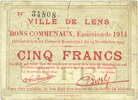 FRENCH EMERGENCY NOTES 5 francs Lens (62). Ville. Billet. 14.11.1914, Cachet rouge de la commune au revers -