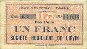 FRENCH EMERGENCY NOTES 1 franc Liévin (62). Société Houillère. Billet. 7.9.1914, série E7 -