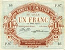 FRENCH EMERGENCY NOTES 1 franc Lille (59). Banque d'Emission. Billet. 12.3.1915, série P -