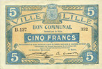 FRENCH EMERGENCY NOTES 5 francs Lille (59). Ville. Billet. 13.7.1917, série B -