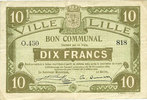 FRENCH EMERGENCY NOTES 10 francs Lille (59). Ville. Billet. 28.11.1916, série O -