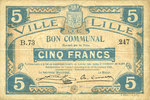 FRENCH EMERGENCY NOTES 5 francs Lille (59). Ville. Billet. 28.11.1916, série B -