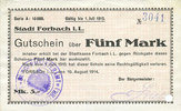 FRENCH EMERGENCY NOTES 5 mark Forbach (57). Ville. Billet. 19.8.1914, série A, réimpression -