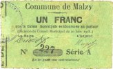 FRENCH EMERGENCY NOTES 1 franc Malzy (02). Commune. Billet. 20.6.1915, série A -
