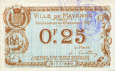 FRENCH EMERGENCY NOTES 25 centimes Mayenne (53). Ville. Billet. -