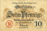 GERMANY - EMERGENCY NOTES (1914-1923) A - J 10 pf Hirschberg a. Saale. Stadt. Billet. -