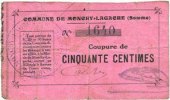 FRENCH EMERGENCY NOTES 50 centimes Monchy-Lagache (80). Commune. Billet. -