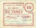 FRENCH EMERGENCY NOTES 10 francs Nomain (59). Commune. Billet. 27.12.1914, série L -