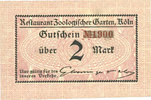 GERMANY - EMERGENCY NOTES (1914-1923) A - J 2 mark Cologne-Riehl. Restaurant Zoologischer Garten. Billet. -